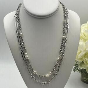 Kendra Scott Mollie Silver Rhodium Multi Strand‎ Mother of Pearl Chain Necklace